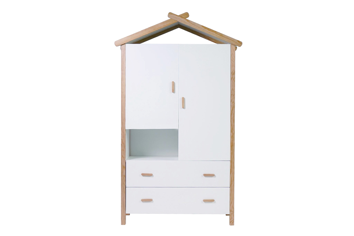 Armoire enfant cabane avec penderie et tiroirs finition blanc mat et bois clair L100 cm BIRDY