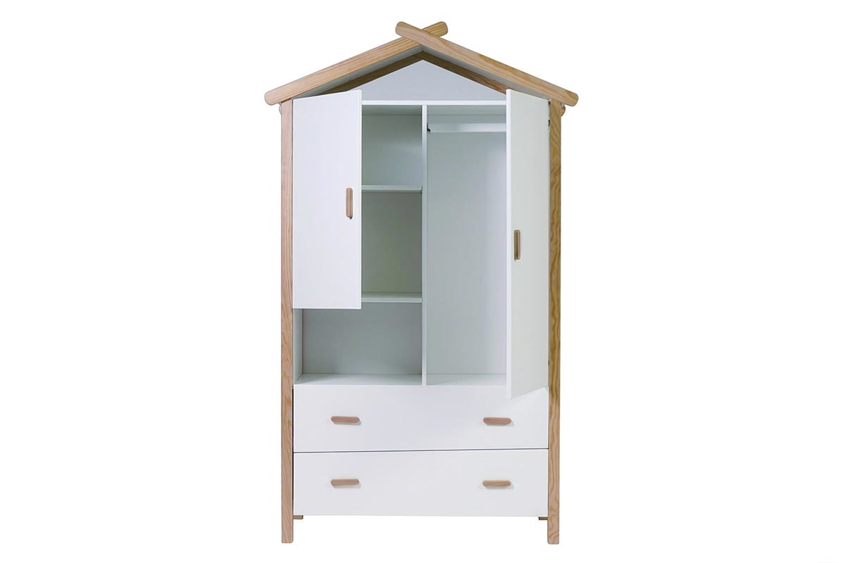 Armoire enfant cabane avec penderie et tiroirs finition blanc mat et bois clair L100 cm BIRDY