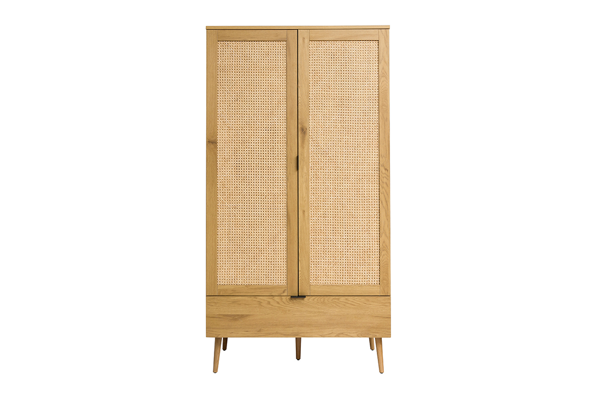 Armoire finition bois clair, cannage en rotin et mtal noir H190 cm MANILLE