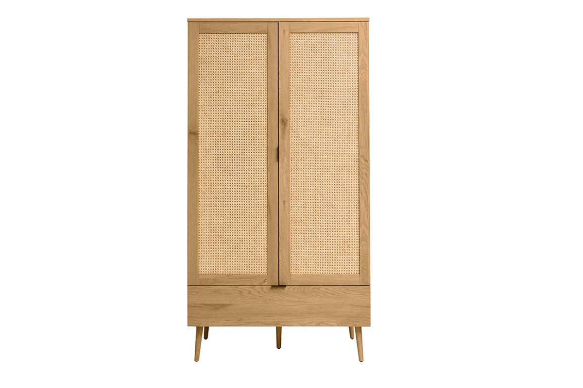 Armoire finition bois clair, cannage en rotin et mtal noir H190 cm MANILLE