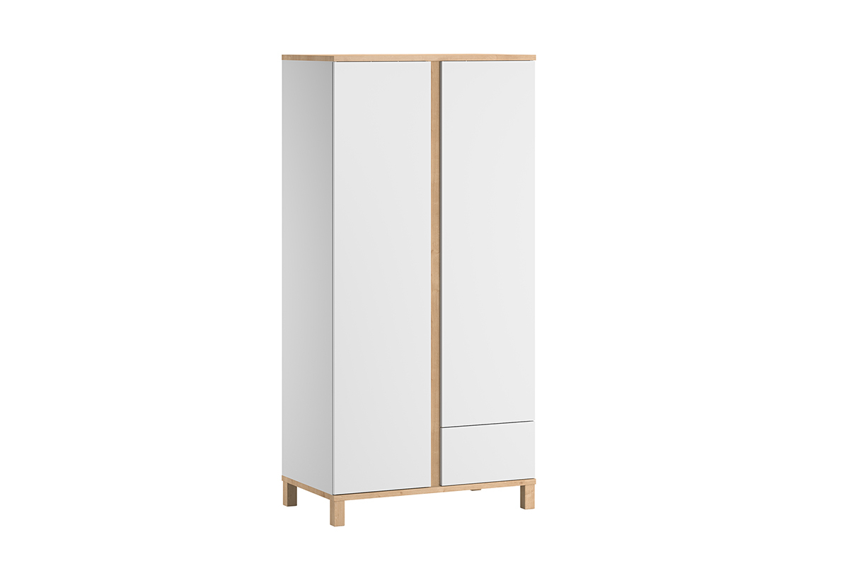 Armoire scandinave avec penderie et tagres finition blanc mat et bois clair L90 cm EILIE