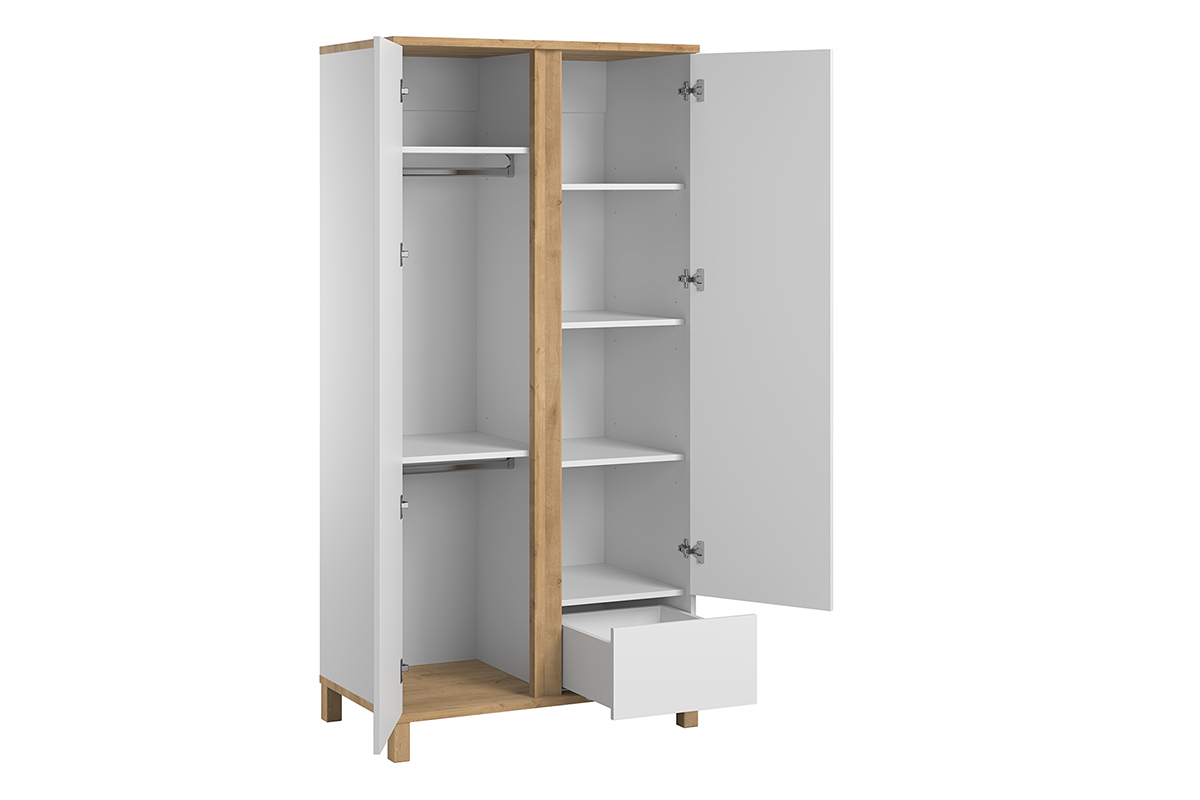 Armoire scandinave avec penderie et tagres finition blanc mat et bois clair L90 cm EILIE