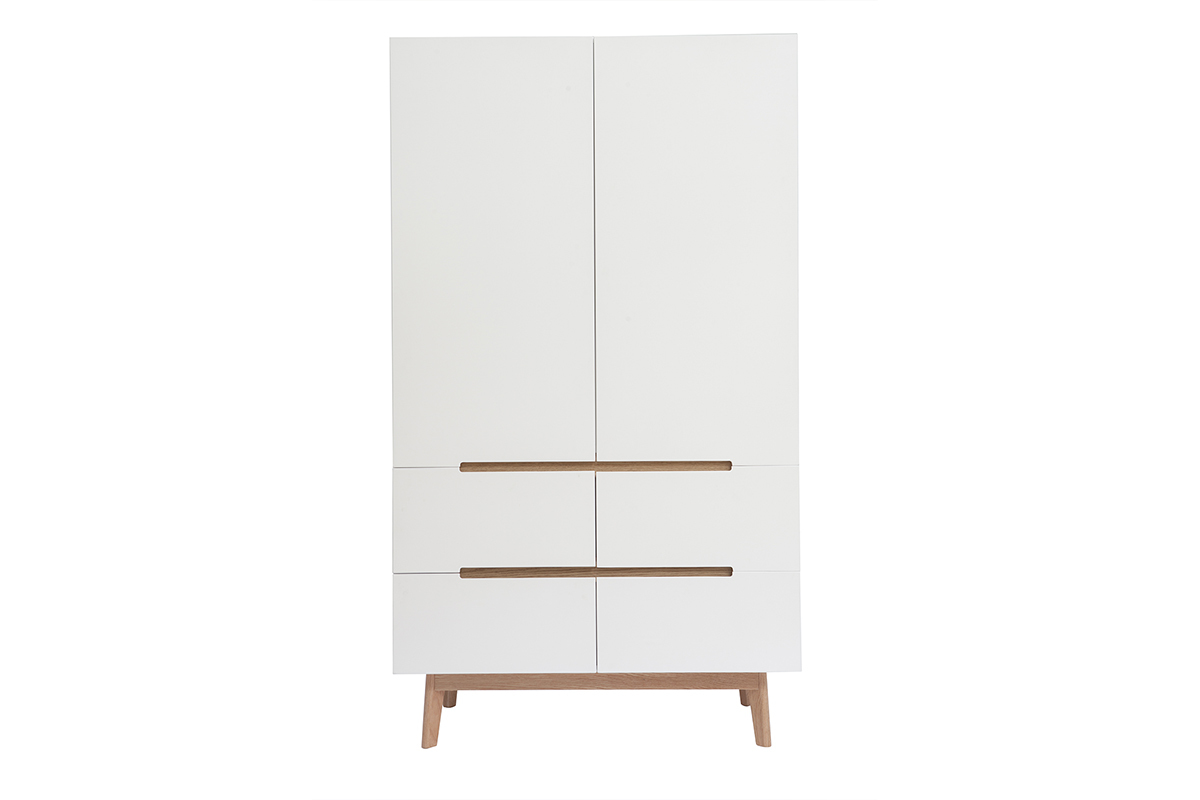 Armoire scandinave avec penderie et tiroirs finition blanc mat et bois chne clair L100 cm KELMA