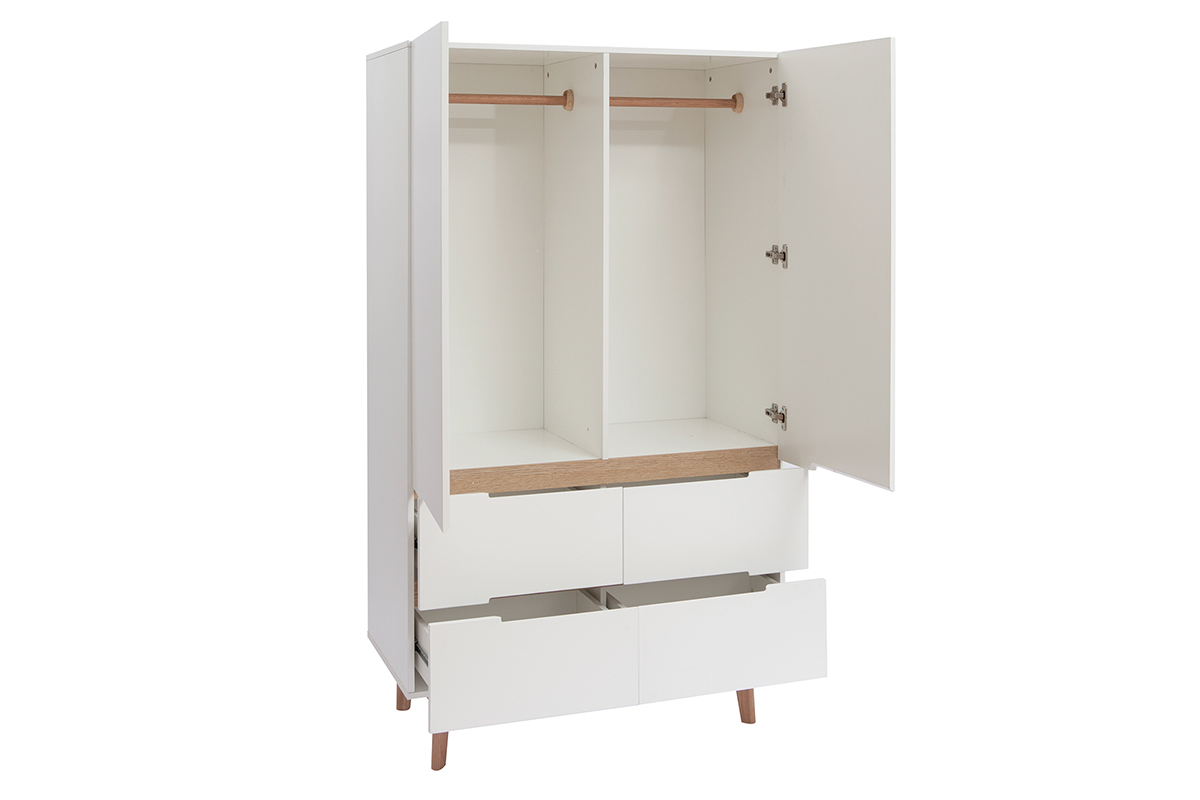 Armoire scandinave avec penderie et tiroirs finition blanc mat et bois chne clair L100 cm KELMA