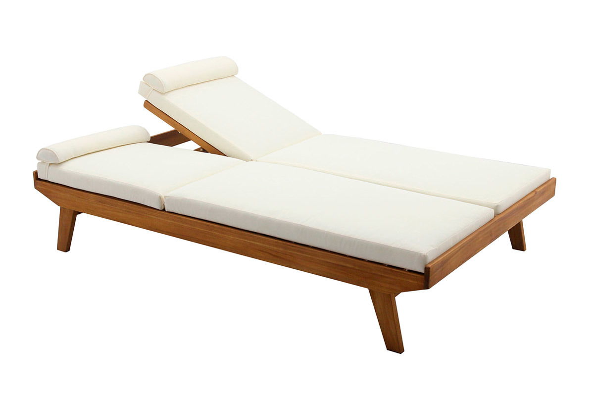 Bain de soleil double avec dossiers multipositions beige et bois massif L127 cm CARACAS