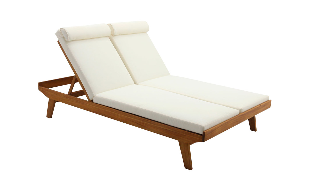 Bain de soleil double avec dossiers multipositions beige et bois massif L127 cm CARACAS