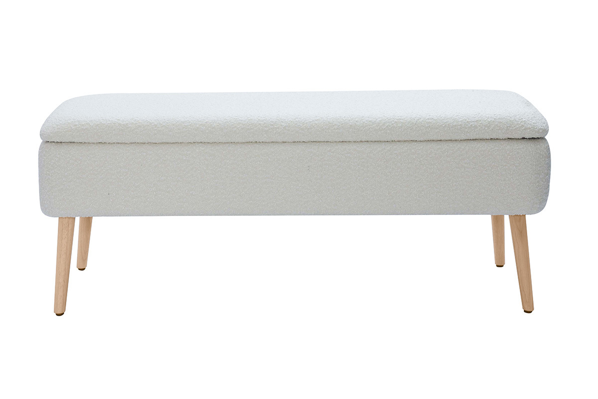 Banc coffre effet laine boucle blanc et bois clair massif L120 cm LARS