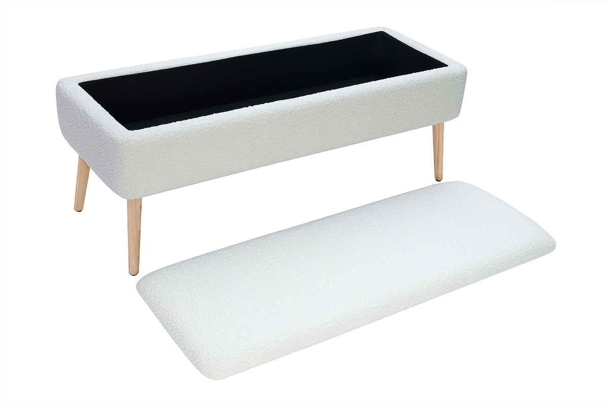 Banc coffre effet laine boucle blanc et bois clair massif L120 cm LARS