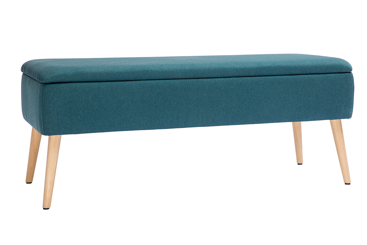 Banc coffre en tissu bleu canard et bois clair L120 cm LARS