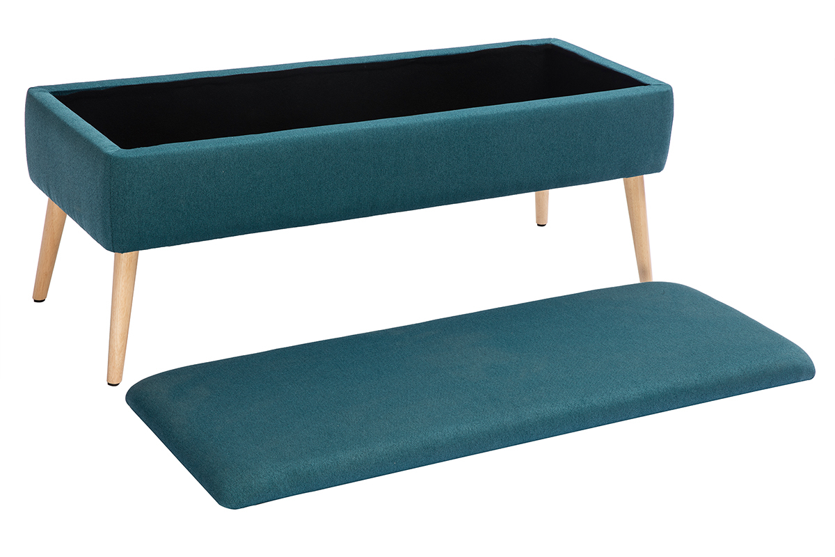 Banc coffre en tissu bleu canard et bois clair L120 cm LARS