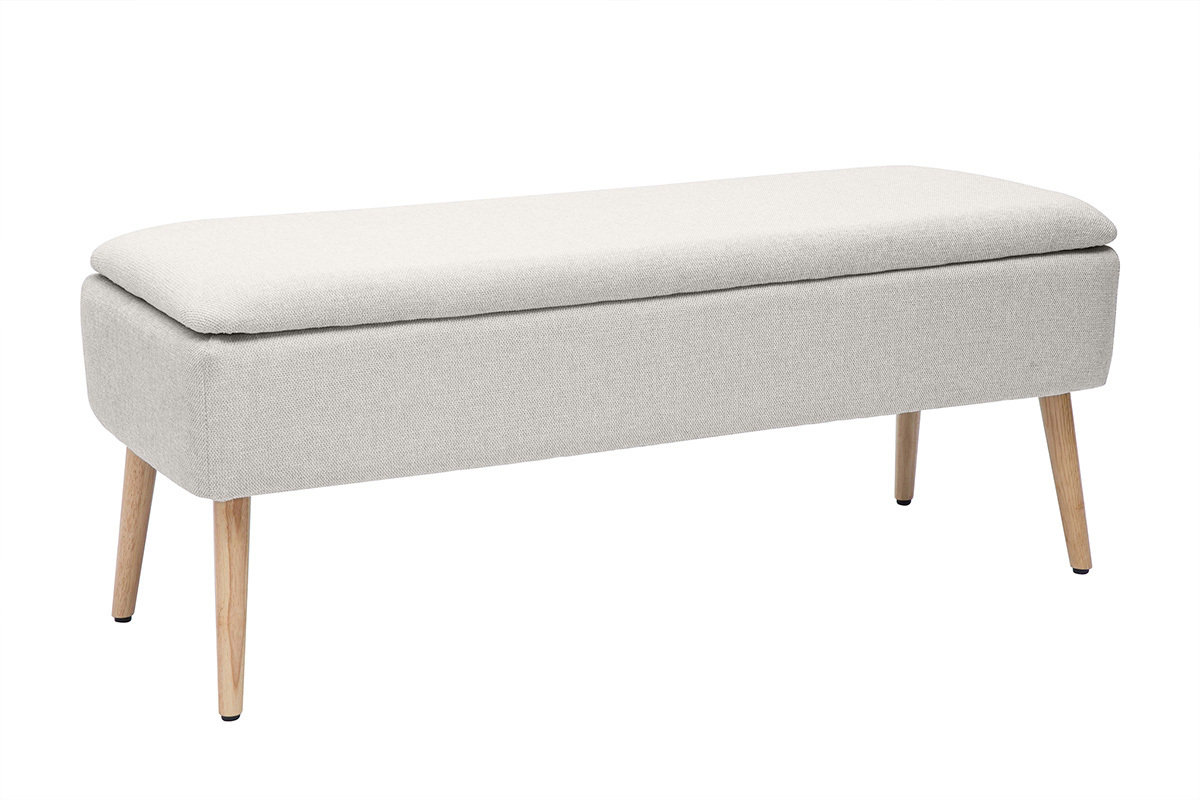 Banc coffre en tissu effet velours textur beige et bois clair massif L120 cm LARS