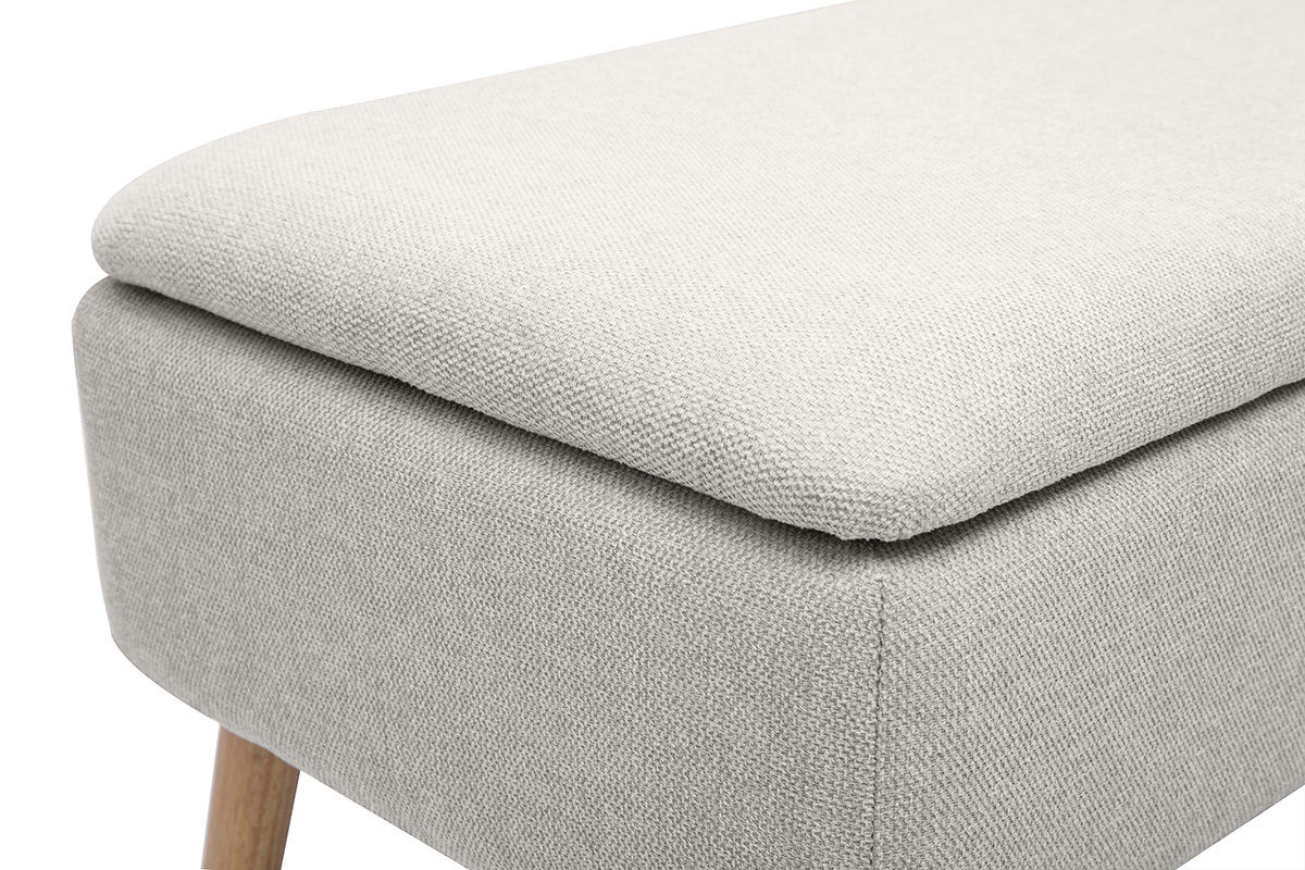 Banc coffre en tissu effet velours textur beige et bois clair massif L120 cm LARS