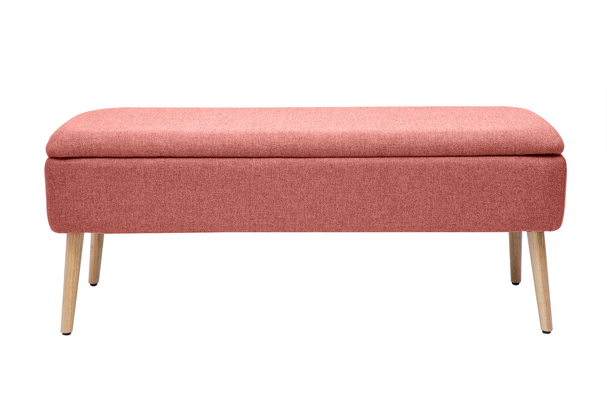 Banc coffre en tissu effet velours textur terracotta et bois clair massif L120 cm LARS