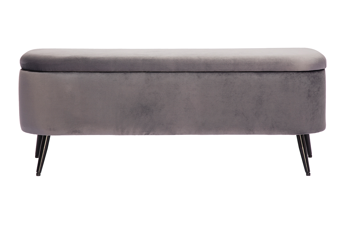 Banc coffre en tissu velours gris fonc et mtal noir L120 cm ATON