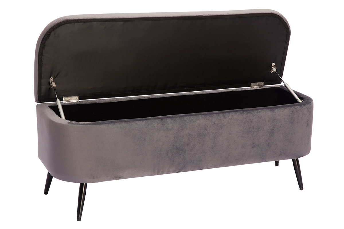 Banc coffre en tissu velours gris fonc et mtal noir L120 cm ATON