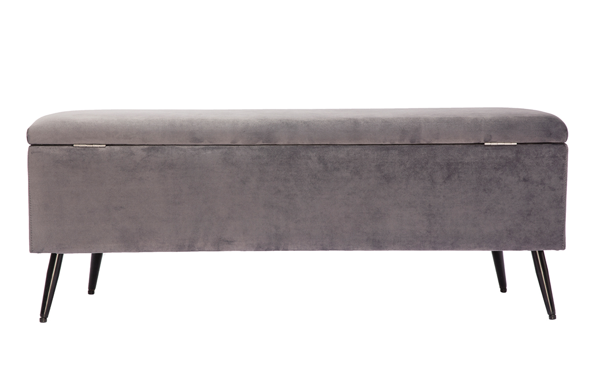 Banc coffre en tissu velours gris fonc et mtal noir L120 cm ATON