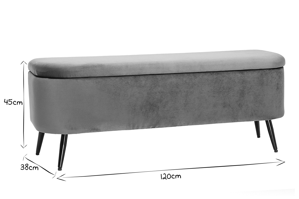 Banc coffre en tissu velours gris fonc et mtal noir L120 cm ATON