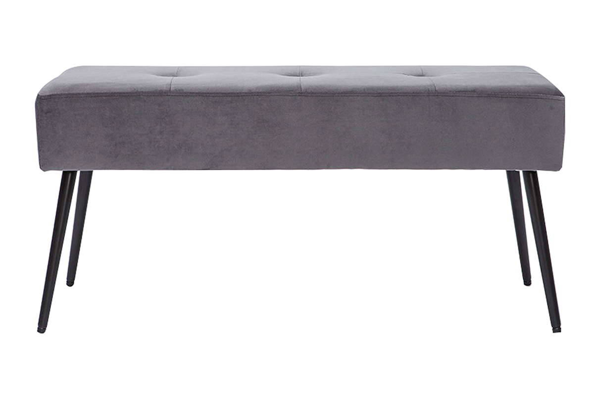 Banc contemporain capitonn en tissu velours gris et mtal noir L96 cm SIMY