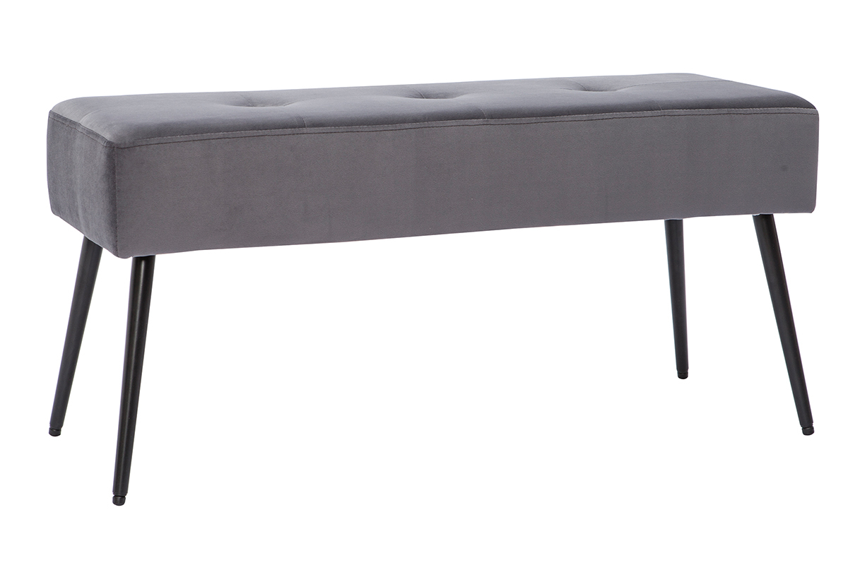 Banc contemporain capitonn en tissu velours gris et mtal noir L96 cm SIMY