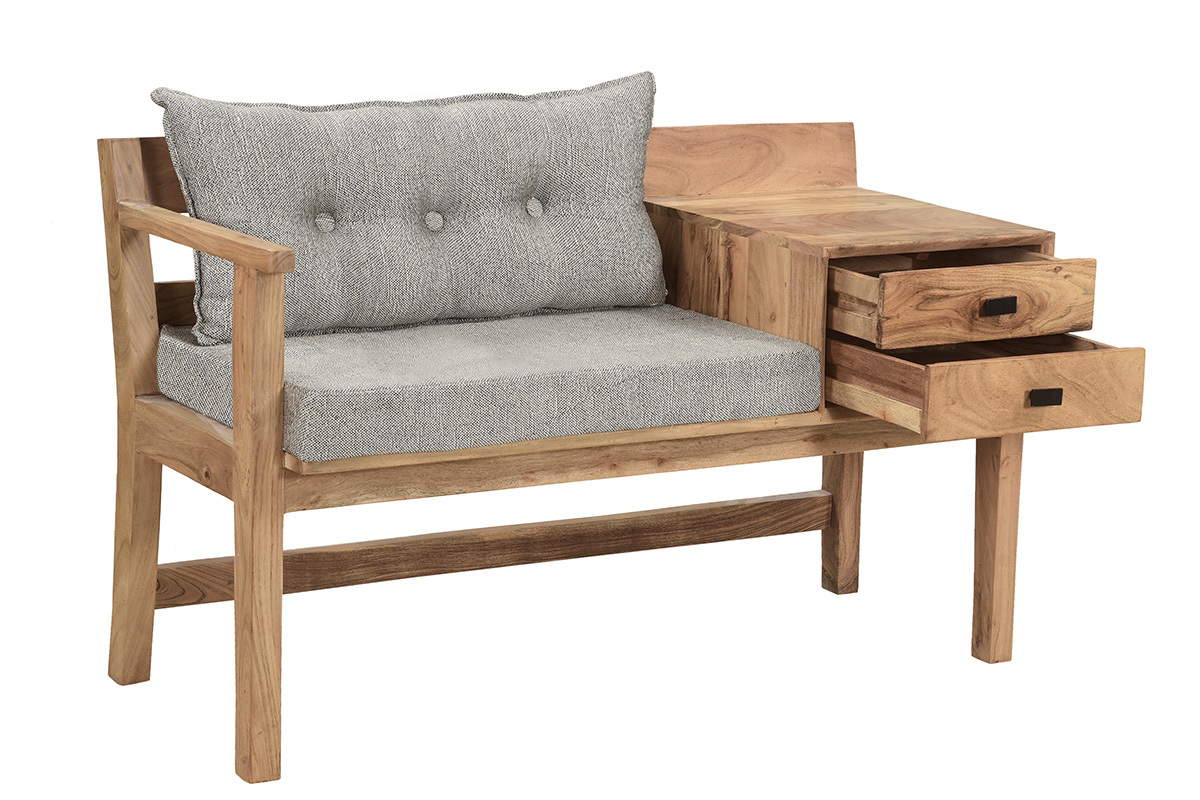 Banc d'entre avec rangement bois massif et tissu gris chin L115 cm MENDOZA