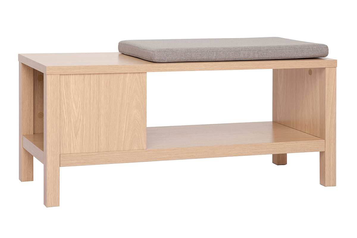 Banc d'entre avec rangement finition bois clair chne avec coussin banquette grge L100 cm GUMBY