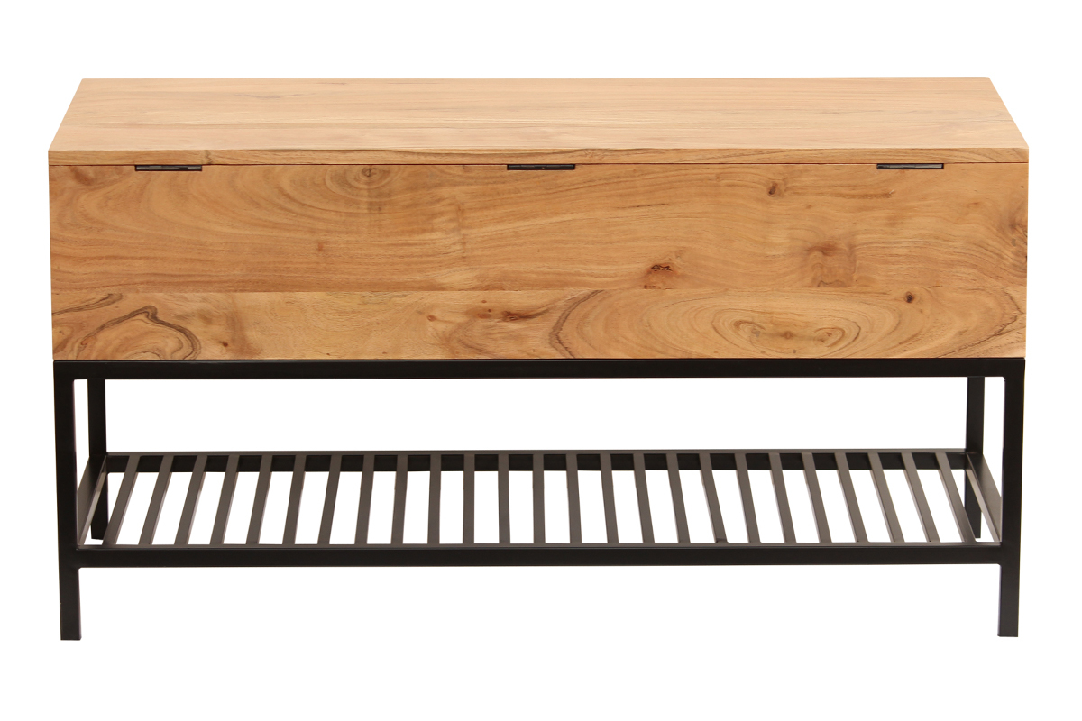 Banc d'entre industriel avec coffre de rangement en bois massif et mtal noir L100 cm SORG