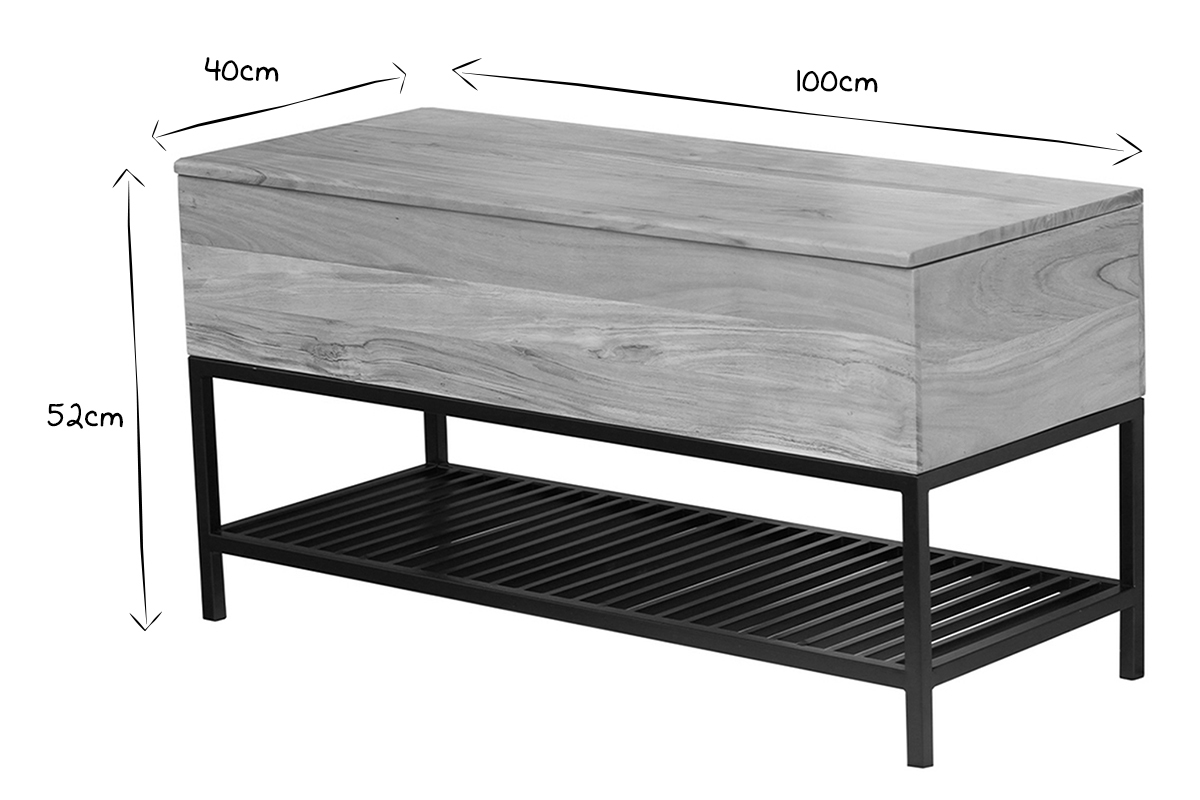 Banc d'entre industriel avec coffre de rangement en bois massif et mtal noir L100 cm SORG