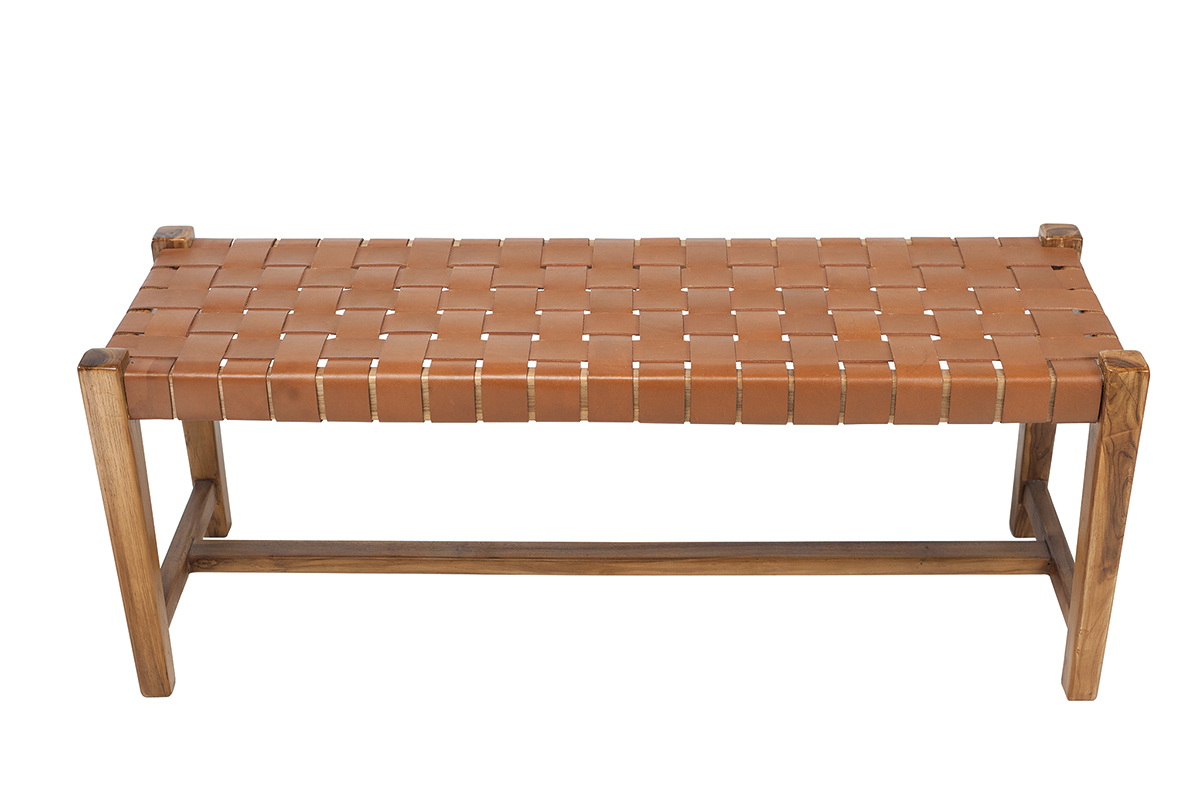 Banc ethnique bois teck massif et sangles en cuir marron L120 cm LODGE