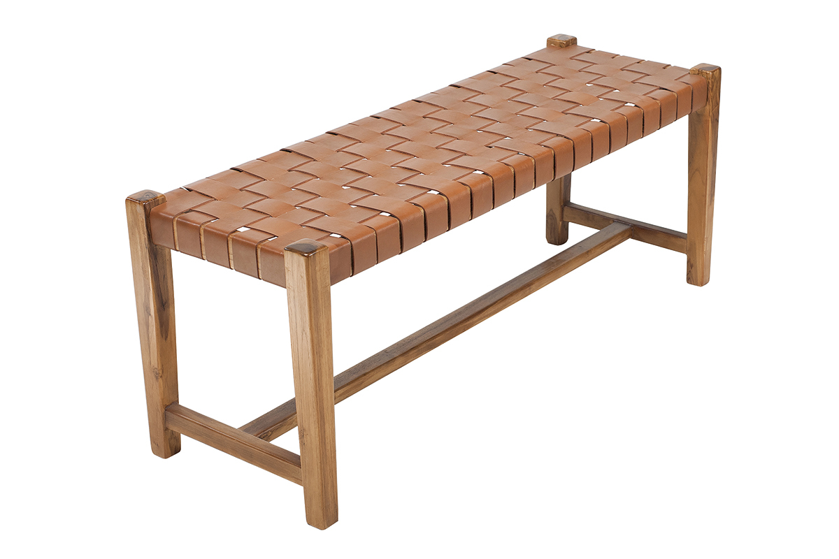 Banc ethnique bois teck massif et sangles en cuir marron L120 cm LODGE