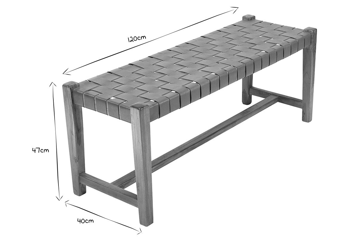 Banc ethnique bois teck massif et sangles en cuir marron L120 cm LODGE