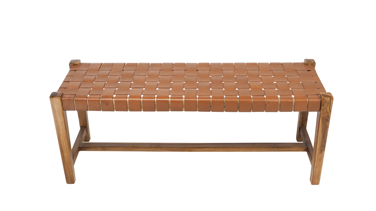 Banc ethnique bois teck massif et sangles en cuir marron L120 cm LODGE