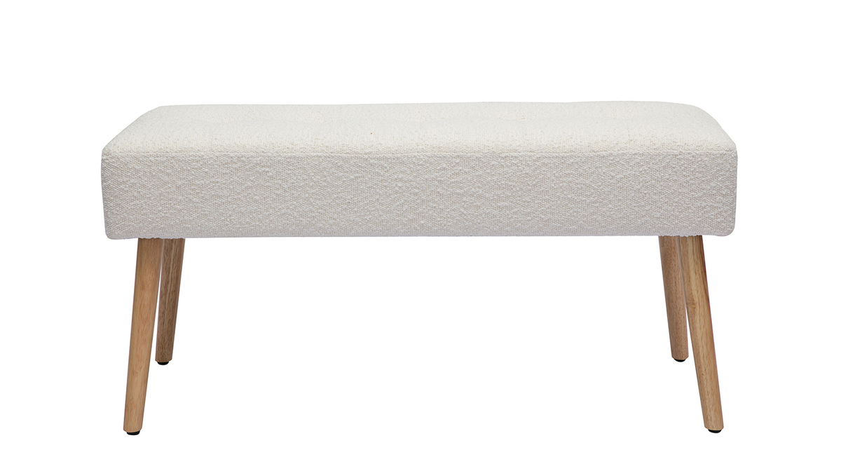Banc scandinave capitonn en tissu effet laine boucle blanc et bois clair L96 cm GUESTA