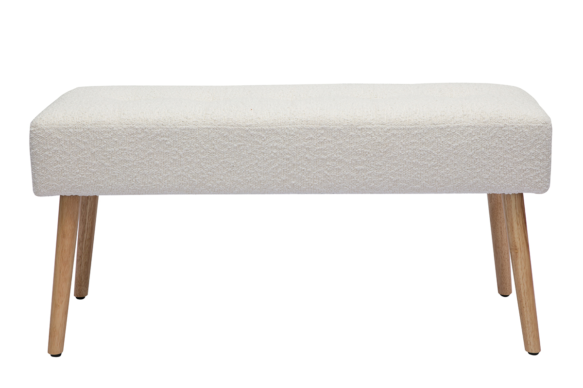 Banc scandinave capitonn en tissu effet laine boucle blanc et bois clair L96 cm GUESTA