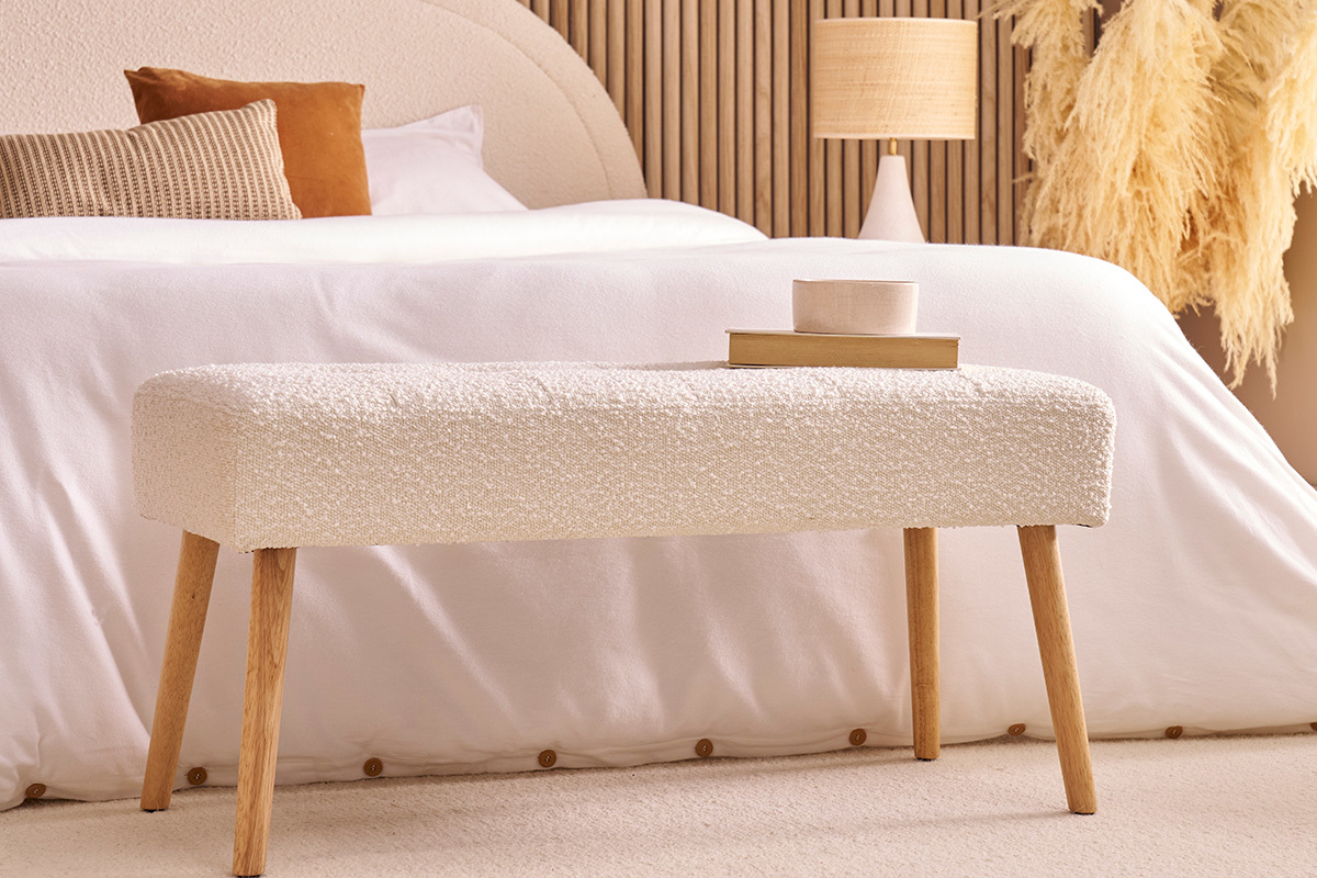 Banc scandinave capitonn en tissu effet laine boucle blanc et bois clair L96 cm GUESTA