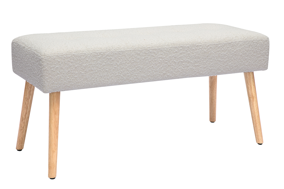 Banc scandinave capitonn en tissu effet laine boucle blanc et bois clair L96 cm GUESTA