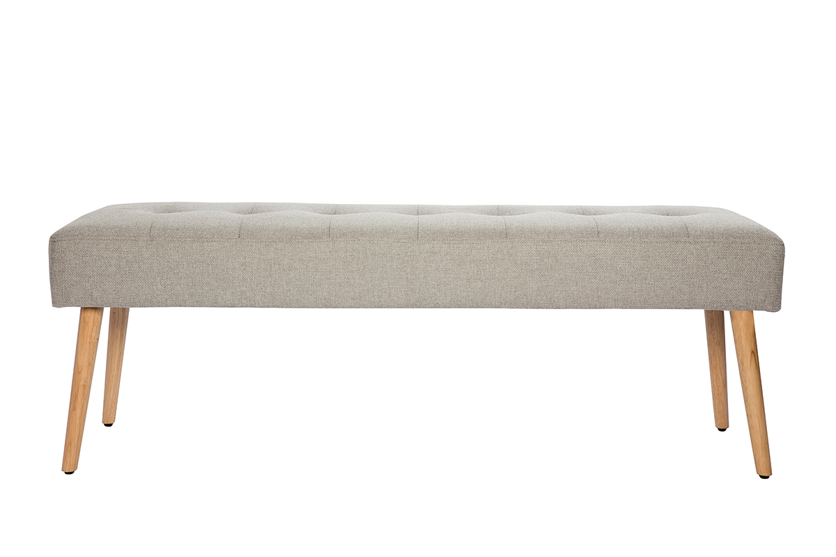 Banc scandinave capitonn en tissu effet velours textur gris clair et bois clair L130 cm GUESTA