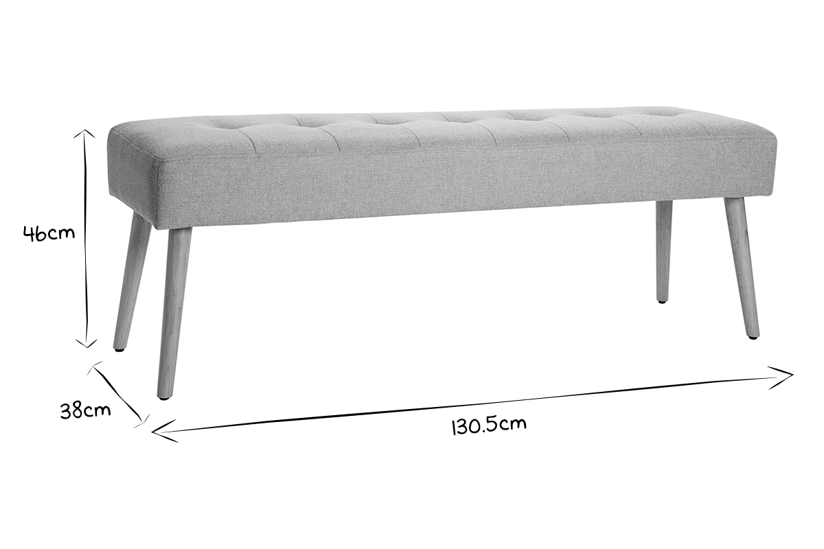 Banc scandinave capitonn en tissu effet velours textur gris clair et bois clair L130 cm GUESTA