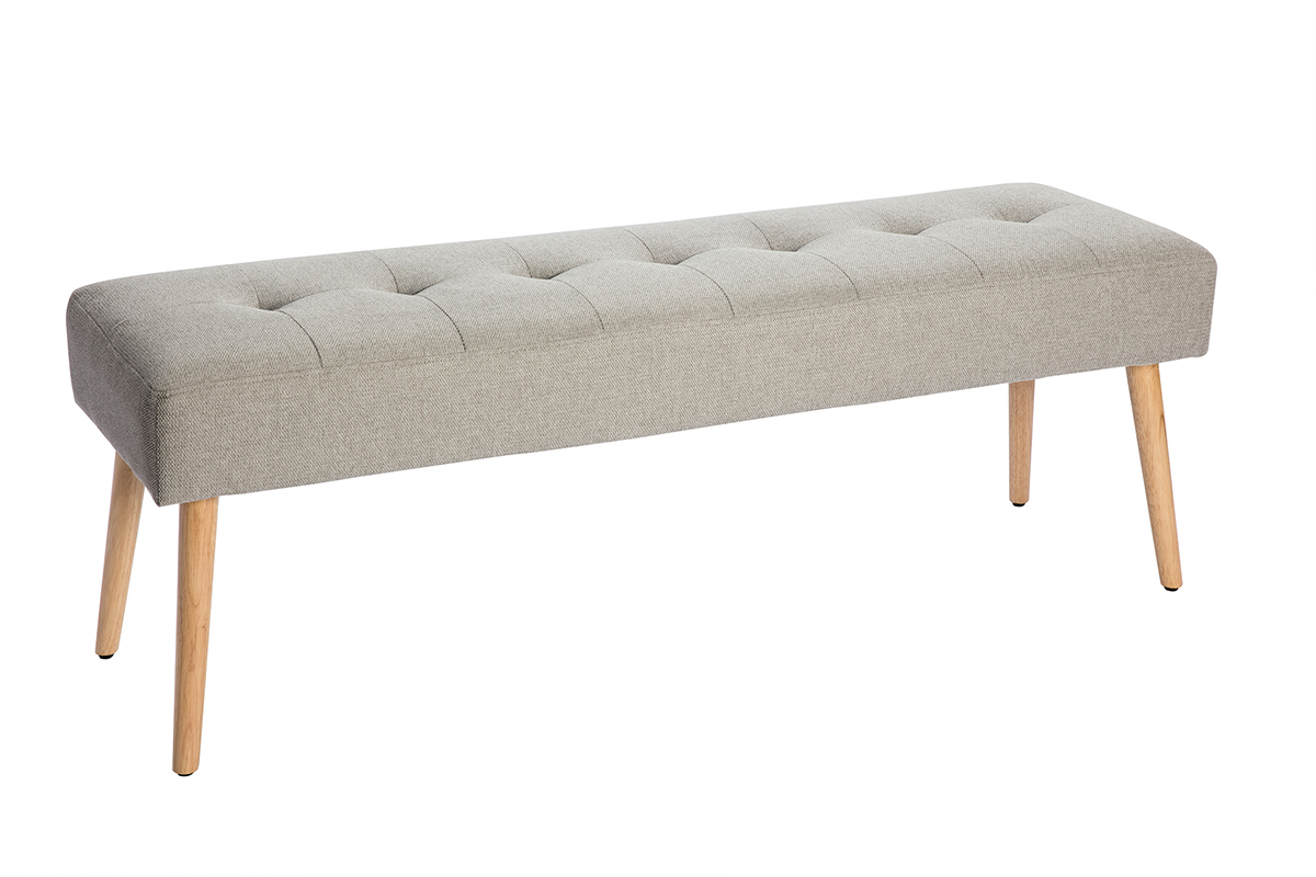 Banc scandinave capitonn en tissu effet velours textur gris clair et bois clair L130 cm GUESTA