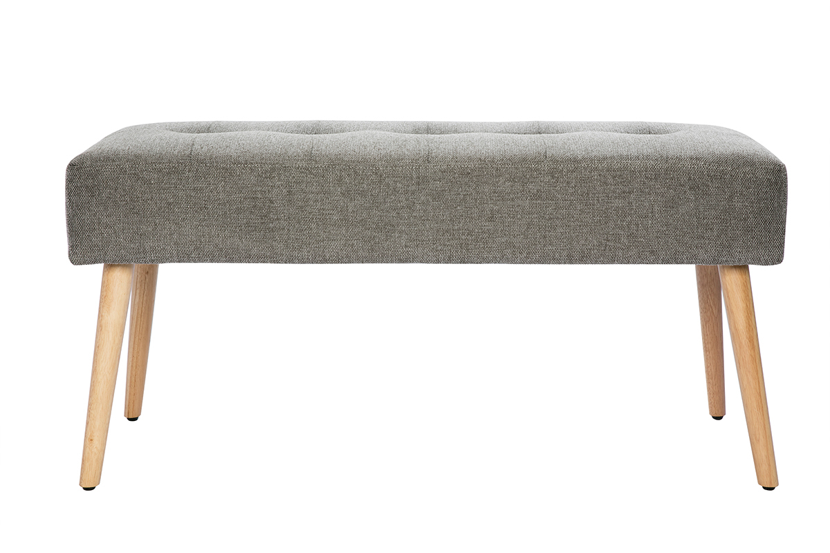 Banc scandinave capitonn en tissu effet velours textur gris clair et bois clair L96 cm GUESTA