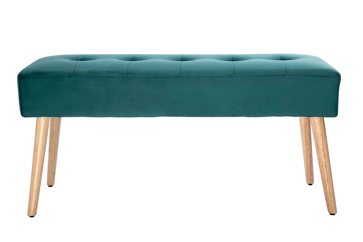 Banc scandinave capitonn en tissu velours bleu ptrole et bois clair L96 cm GUESTA