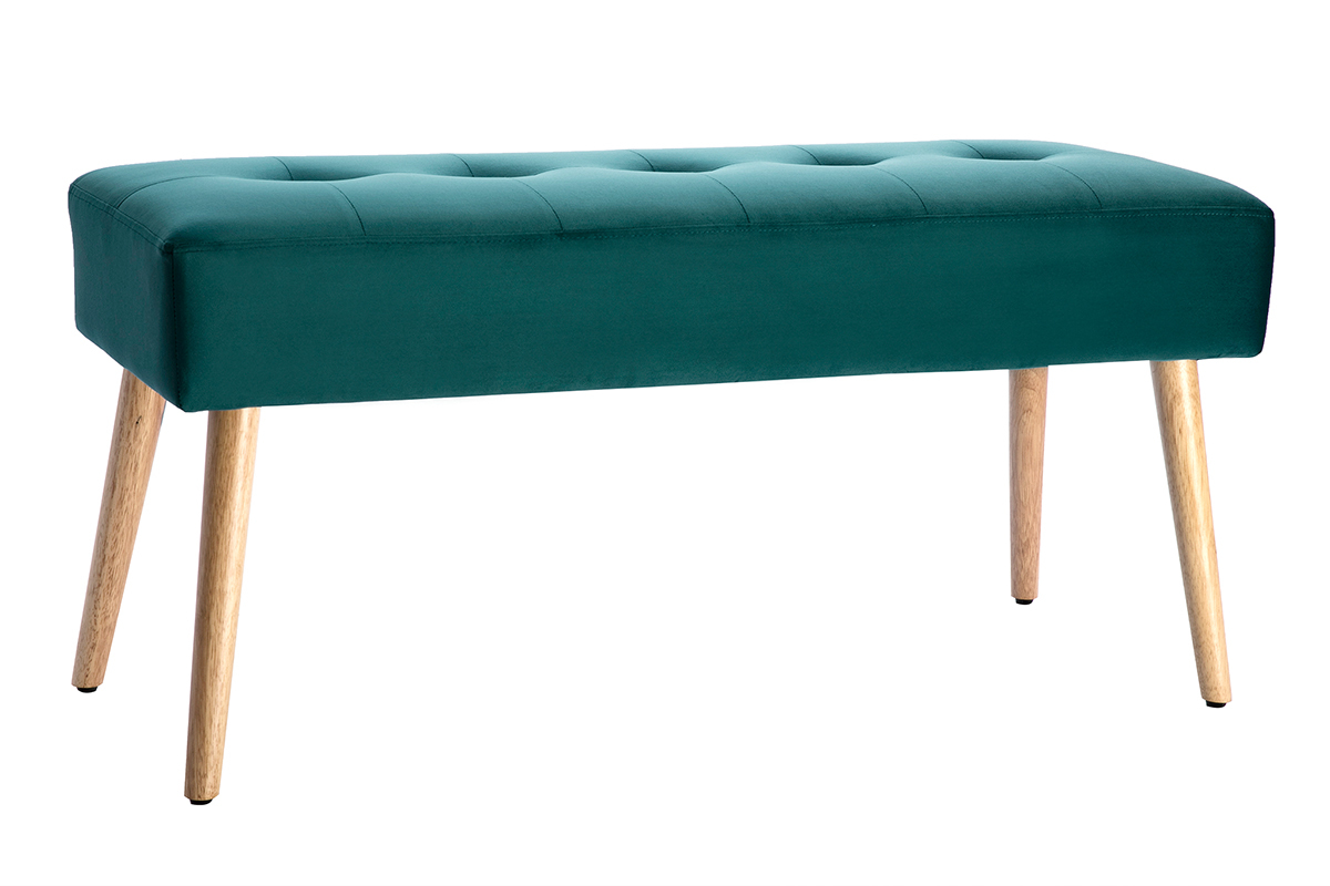 Banc scandinave capitonn en tissu velours bleu ptrole et bois clair L96 cm GUESTA