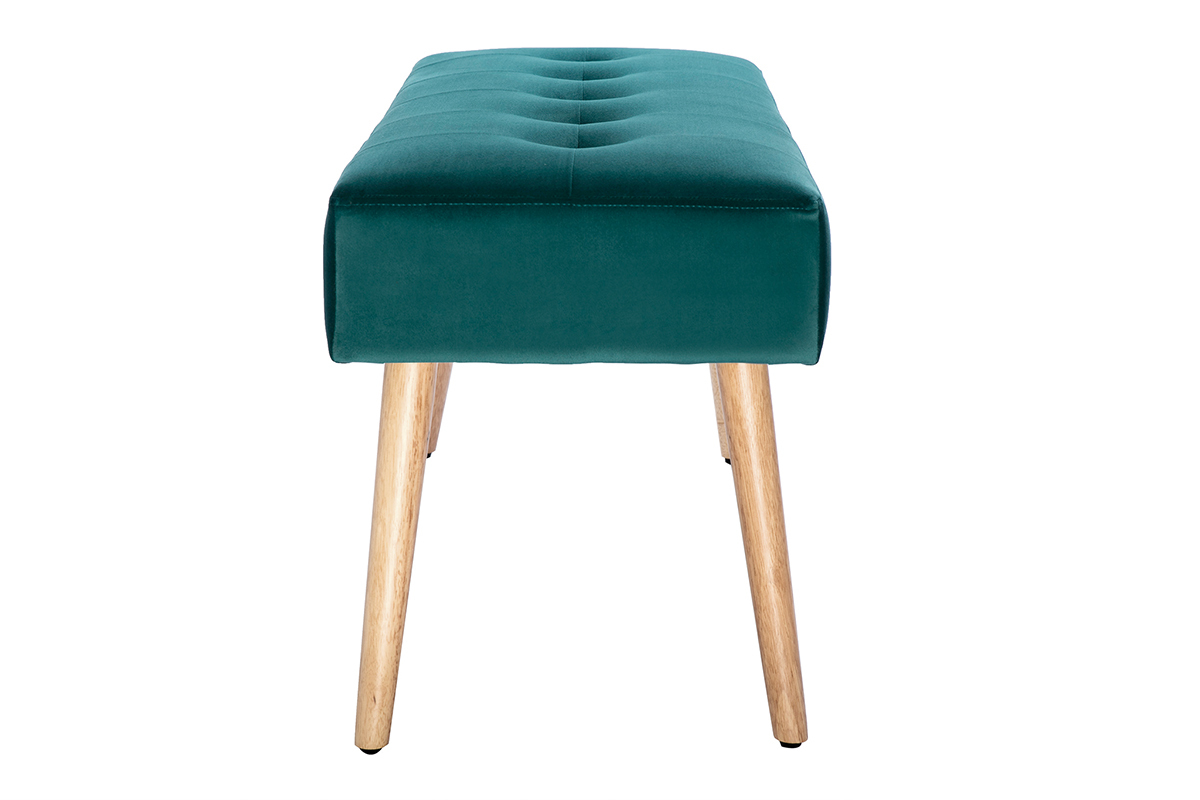 Banc scandinave capitonn en tissu velours bleu ptrole et bois clair L96 cm GUESTA