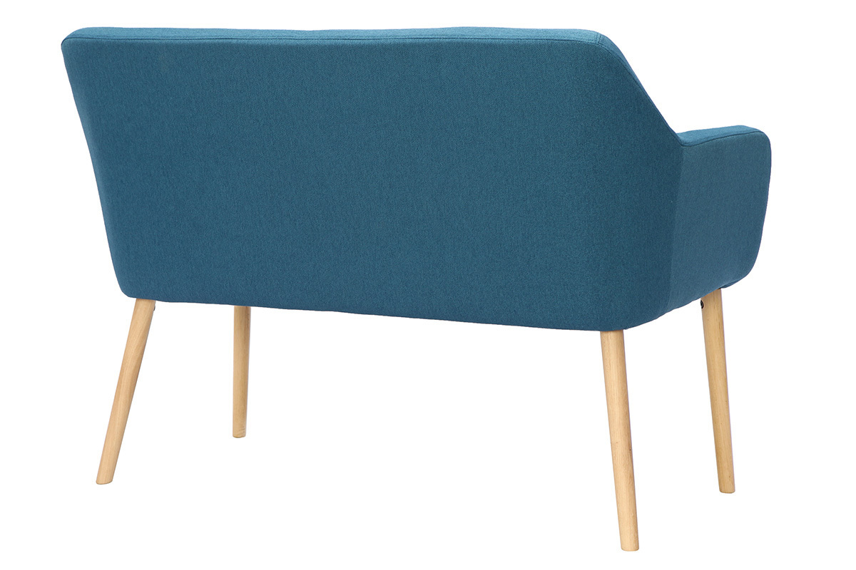 Banquette scandinave 2 places en tissu bleu canard et bois clair ALEYNA