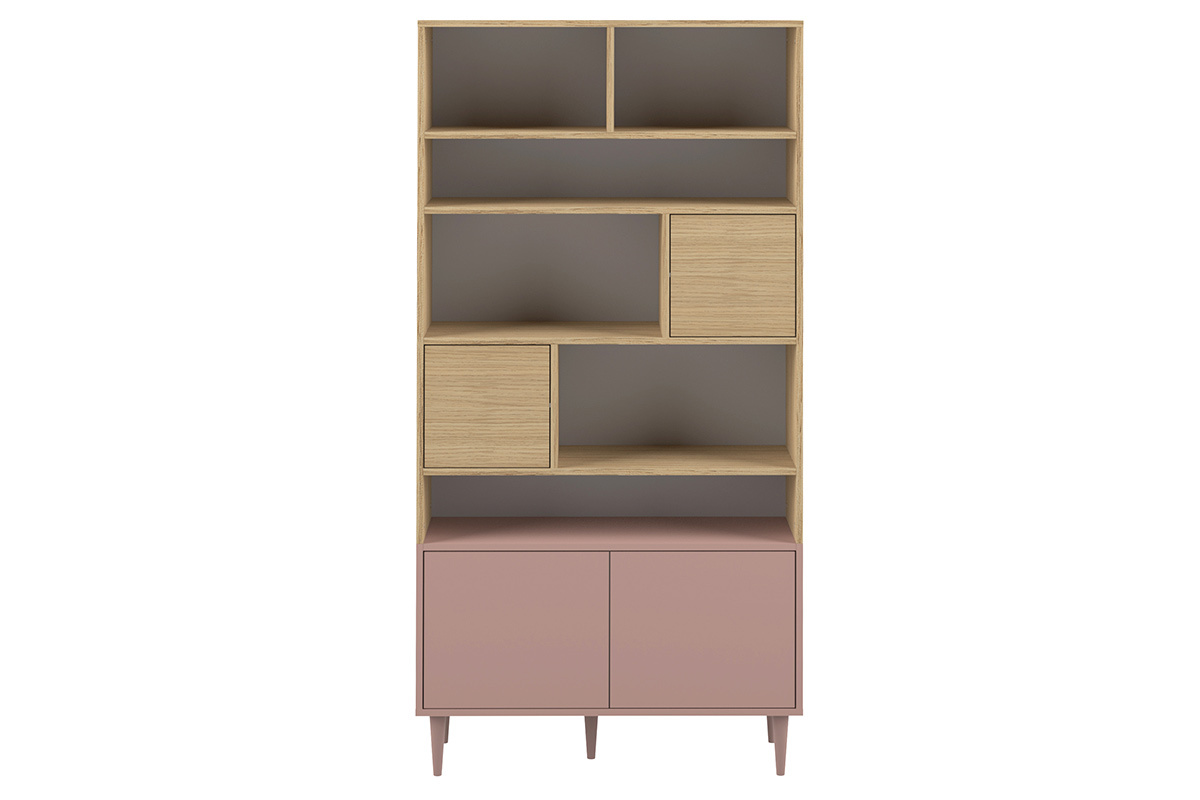 Bibliothque scandinave 10 casiers bois et rose STRIPE