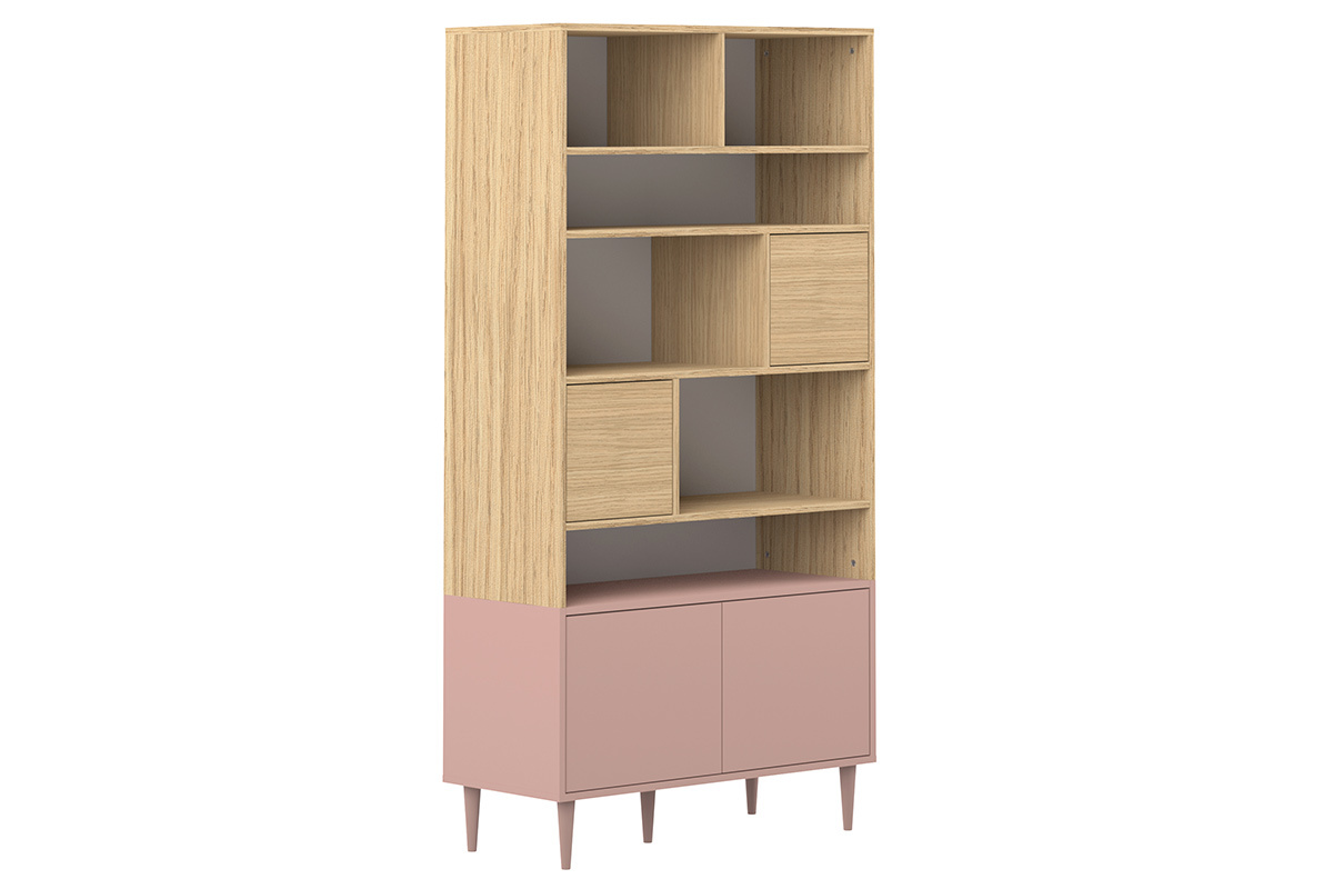 Bibliothque scandinave 10 casiers bois et rose STRIPE