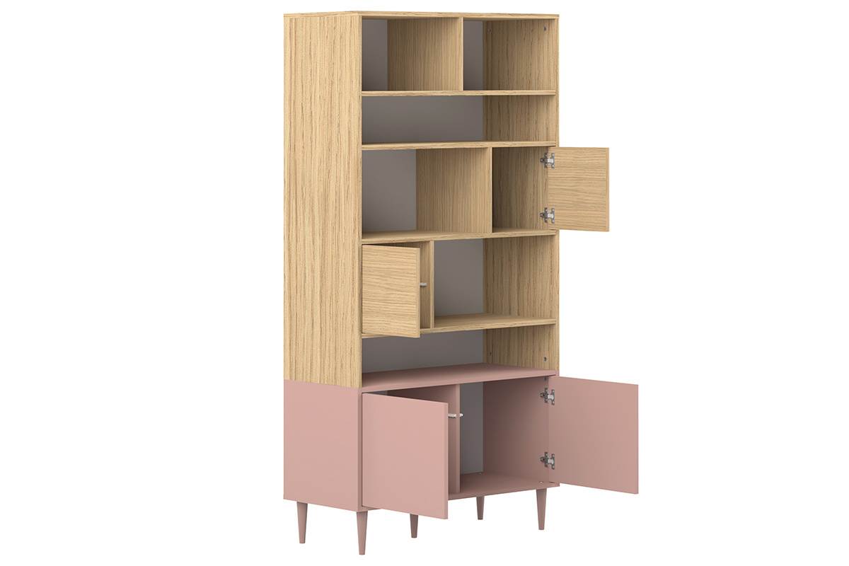 Bibliothque scandinave 10 casiers bois et rose STRIPE