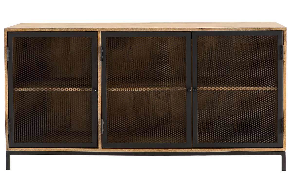 Buffet bas industriel en bois de manguier massif 3 portes mtal noir L145 cm RACK