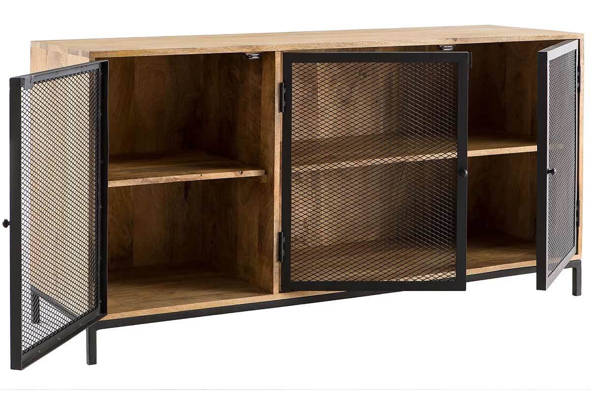 Buffet bas industriel en bois de manguier massif 3 portes mtal noir L145 cm RACK