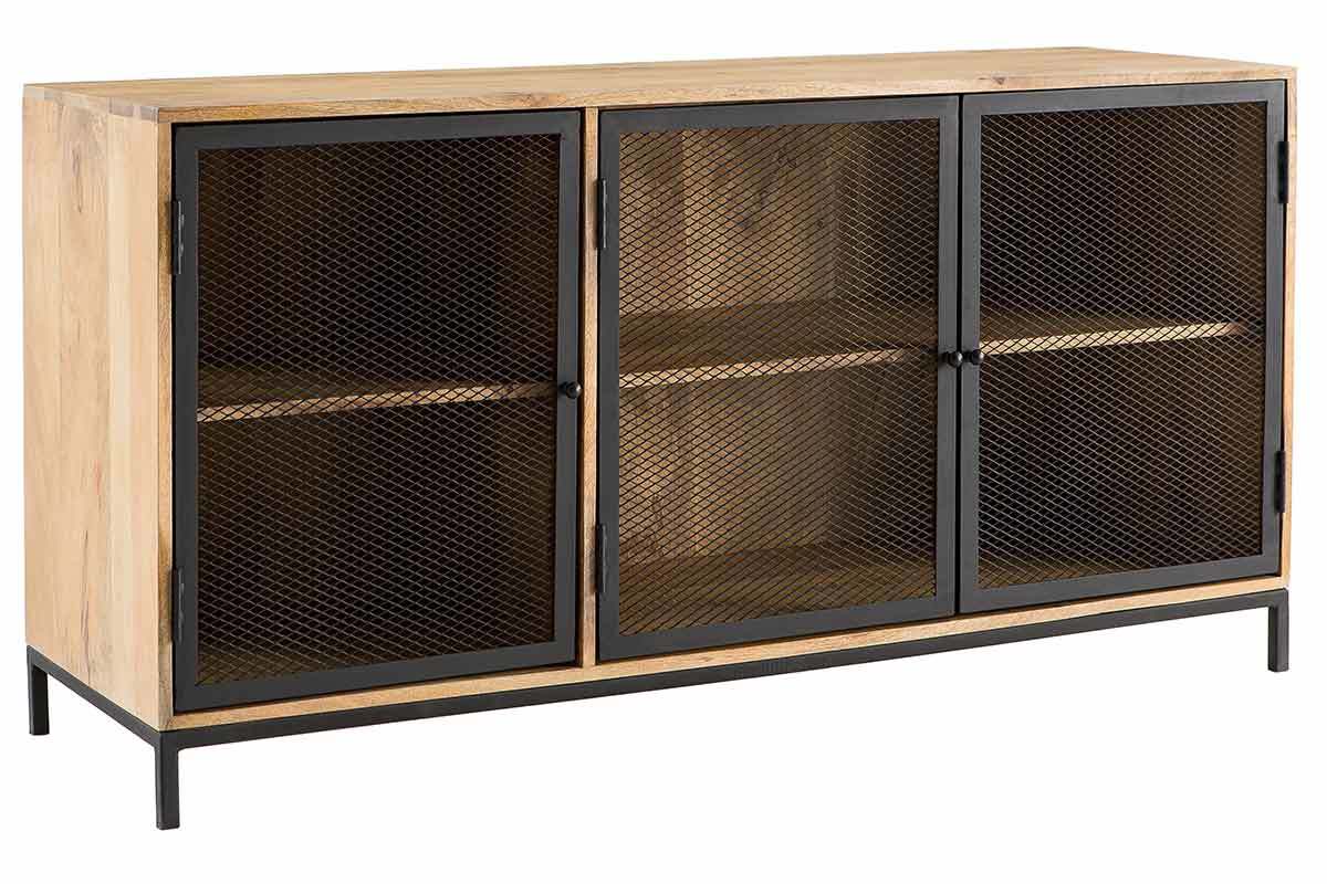 Buffet bas industriel en bois de manguier massif 3 portes mtal noir L145 cm RACK