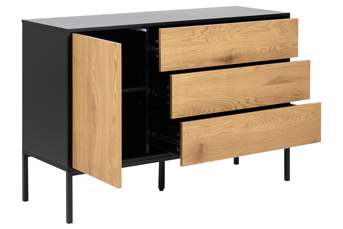 Buffet bas industriel finition bois clair et mtal noir 1 porte 3 tiroirs L120 cm TRESCA